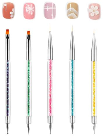 Yoolly 5pcs Double Ended Nail Art Brushes, Nail Dotting Tools Kit, Including Nail Liner Brush and Nail Dotting Pens for DIY Nail Art Designs