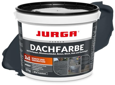 JURGA Dachfarbe 12 Kg Schwarz (≈30m²) 2 in 1: Deko & Schutz, Sockelfarbe, Betonfarbe, UV- und Witterungsbeständig, Hohe Elastizität, Einfache Anwendung, LF-frei, Innen- und Außenrenovierfarbe