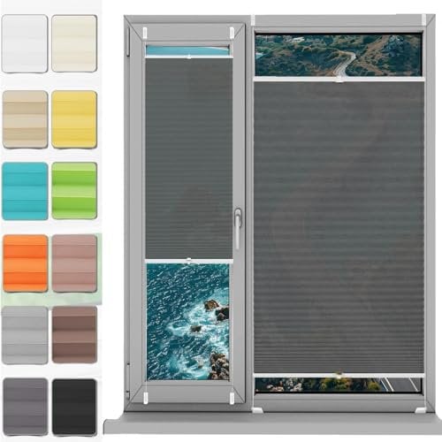 Temporary Shade Blinds No Drill Blinds 80 x 95 cm (W x H), No Tool No Drill Shades Top-Down Bottom-Up, Folding Blind for Windows and Doors, Blackout Roller Blind, for Window Door, Grey
