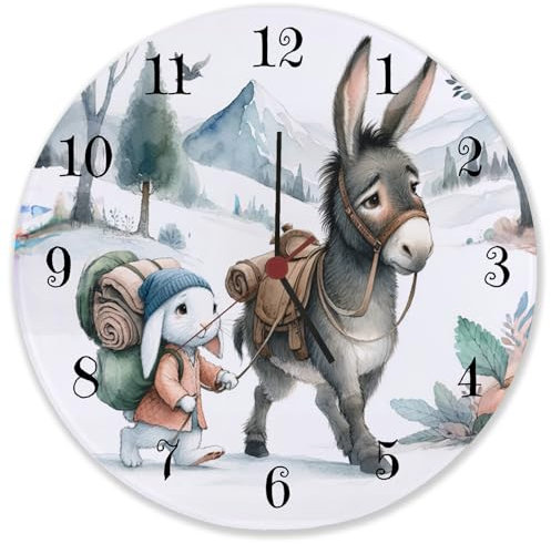 speecheese Hase und Esel Wanderschaft Wanduhr aus Glas Tierische Abenteuer Uhr Reise Trekking Motiv Fuß Wandern Für Tierfreunde und Freunde der Kameradschaft
