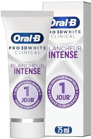 Oral-B Pro 3D Dentifrice White Clinical Blancheur Intense Blanc Éclatant Pour Dents Et Gencives Sensibles, Éliminant Les Taches, Technologie Ionique, Menthe Verte, 75 ml