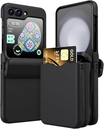 Amulent Case For Galaxy Z Flip 5 Black Cover with Card Holder – Shockproof Slim Protective Phone Cover with Hinge Protection, Wallet Slot, Hard Shell, Non-Slip Grip for Samsung Galaxy Z Flip 5 (2023)