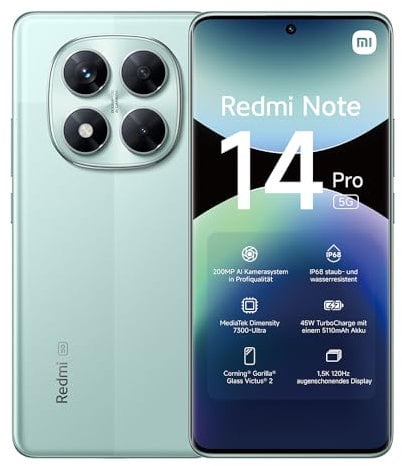 Xiaomi Redmi Note 14 Pro 5G Smartphone, 12 + 512GB, Green, 200MP professionelle AI-Kamera, IP68, 45W TurboCharge mit 5110mAh Akku, AI-Funktionen (kein Ladegerät enthalten)
