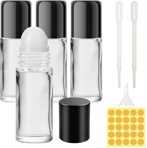 Furuising 4Pcs 30ml Roller Ball Bottles for Essential Oils,Glass Rollerball Bottles, Empty Roller Ball Bottles, Roll on Bottle with Droppers, Stickers for Essential Oils, Perfume, Fragrance