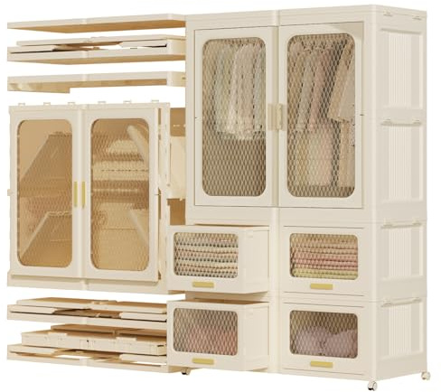 Heikoeco® Kleiderschrank Weiss, stapelbarer Garderobenschrank aus hochwertigem Kunststoff mit Schubladen, Faltbarer kleiderschrank kinderzimmer Schlafzimmer (1 Stange+ 4 Schublade)