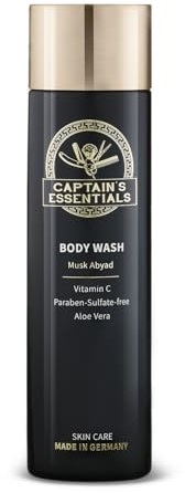 CAPTAIN'S ESSENTIALS® Body Wash — Premium Duschgel für Männer - Shower Gel Men, parabenfrei, sulfatfrei, feuchtigkeitsspendend mit Arginin, Vitamin C & Aloe Vera, Vegan (250 ml, Musk Abyad | Moschus)