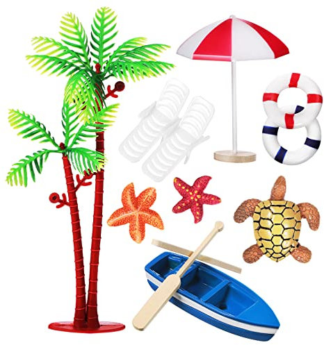 HEMOTON Strand Party Kuchendekoration 10 Stück mit Palmen Sonnenschirmen und Booten Langlebige Polymerfiguren für Sommer und Geburtstagspartys