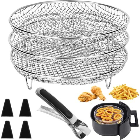 Rejilla para Freidora de Aire, 3 Piezas Rejillas Deshidratadoras Apilables Redondas de Acero Inoxidable, Con 4 Pies de Silicona, 1 Clip Antiquemaduras, Apto para Hornear y Cocinar Deshidratado(20cm)