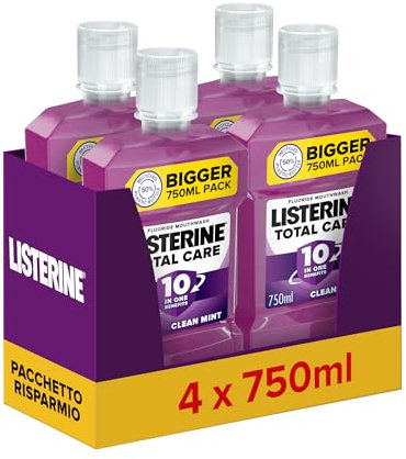 LISTERINE Total Care, Collutorio al gusto di Menta Pura, Collutorio al Fluoro con 10 benefici in 1 per una protezione completa e denti più forti, per un'igiene orale completa, 4x750 ml