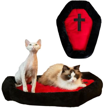 Fantasreen Gothic Coffin Cat Bed for Large Cats, Washable, Small | Fits cats up to 20 lbs. Size: 24x16.9. Red & Black Halloween design. Small size. Durable material, machine washable.