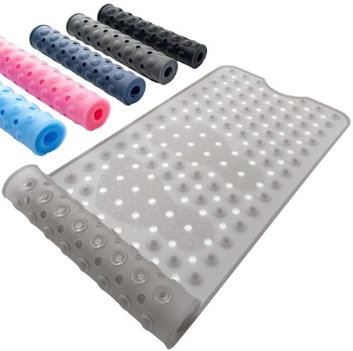 Tapis de Douche Antidérapant en Silicone, 90 x 40 cm Tapis Antidérapant Baignoire avec Grands Trous de Drainage & Ventouses, Accessoires de Salle de Bain Résistants, Gris Translucide
