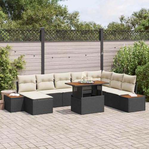 QJBSAVVA 9-teiliges Gartenmöbel-Sofa-Set Poly-Rattan Schwarz 100 x 55 x 73 cm mit Untergestell-Stauraum Modular Lounge Sitzgruppe Balkon Terrasse für Outdoor Events und kleine Balkone