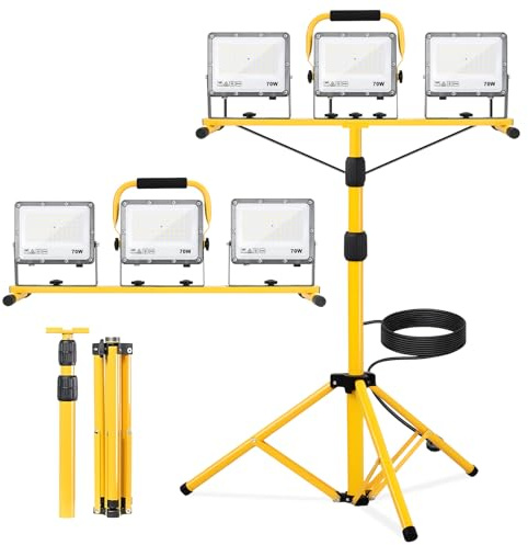 Yofuly Baustrahler LED mit Stativ 3×70W 21000LM, 3 Verstellbare Köpfe Baustellenlampe IP66 Wasserdichte, Baulampe mit 5m Kabel für Garage Werkstatt Baustelle, PC-Linsen | Höhenverstellbar 160cm