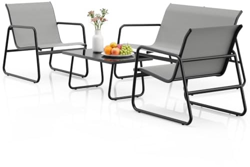 bigzzia Juego de Muebles de Jardín 4 Piezas con Sofá de 2 Plazas 2 Sillones 1 Mesa de Vidrio, Conjunto de Patio, Tejido Teslin, Impermeable Antióxido, Mesa y sillas Jardin para Balcón Terraza