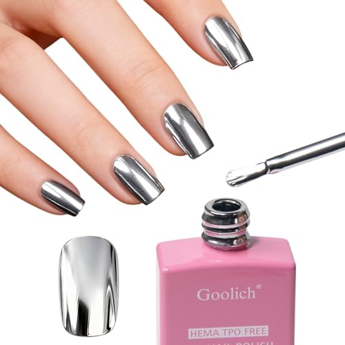 Goolich Chrome Metallic Silver Gel Polish, 15 ML HEMA & TPO Free Silver Mirror Metal Shine Gel Nail Polish Soak off UV LED Nail Art Design Manicure Salon for Women Girl