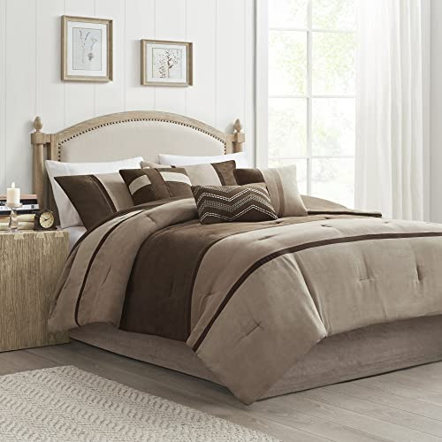 Madison Park Modern Faux Suede Pieced Brown King Comforter Set, 7pc