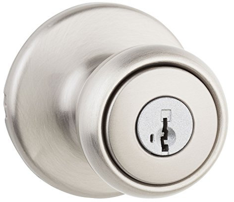 Kwikset Tylo Entry Door Knob with Lock and Key, Secure Keyed Handle Exterior, Front Entrance and Bedroom, Satin Nickel, Pick Resistant SmartKey Rekey Security and Microban