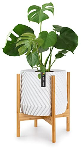 Fox & Fern Mid-Century Modern Plant Stand - Bamboo - EXCLUDING 30cm White Ceramic Plant Pot