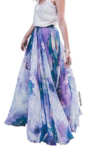 Chicwish Donne Acquerello Giallo/Viola/Verde/Rosa/Blu/Arancione/Navy Flower Maxi Floreale Chiffon Slip Gonna - Viola - M/L