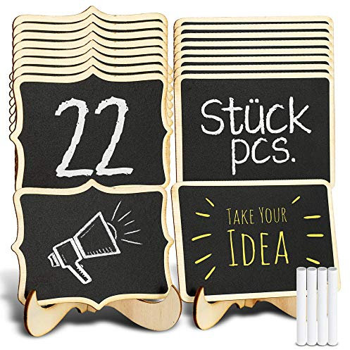 HOCHWERTIGE Mini Kreidetafel mit Ständer I 22 x Holztafel für Tischdeko Geburtstag I Tischaufsteller Hochzeit I Tafel mini Staffelei für Menü und Buffet I Tafeln inklusive 4x Kreide