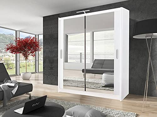 Milan Modern Double Full Mirror sliding door wardrobe with LED Light Width 100cm/120cm/150cm/180cm/203cm/250cm (100cm, White)