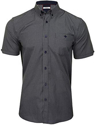 Xact Men's Gingham Check Shirt with Button-Down Collar - Short Sleeved (Grey/Navy) L