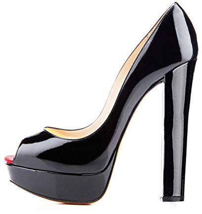 Only maker Damen Plateau High Heels Elegante Peeptoes Pumps Blockabsatz Lack Optik Schwarz 44 EU