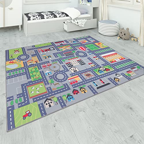 Paco Home Teppich Kinderzimmer Kinderteppich Spielteppich Straßenteppich rutschfest Mädchen Jungs, Grösse:200 cm Quadrat, Farbe:Grau 2