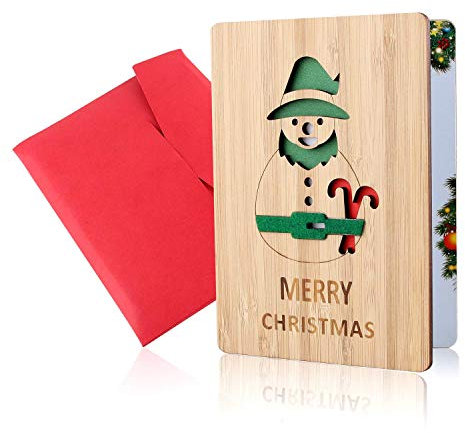 Holz-Grußkarte, Grußkarte aus Holz, Weihnachtskarten, Frohe Weihnachten Karte, Echte Bambus- und Holzgrußkarten, Bunte Weihnachtsmotive, Weihnachtsgeschenke und -Wünsche, Weihnachtsthemen (Schneemann)
