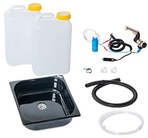 Wasseranlage Imbisswagen Verkaufsanhänger Campingküche 12v Bausatz Spüle schwarz 354x325x100mm + Wasserhahn Barwig Chrom Wasserkanister 19 Liter (ad-ideen)