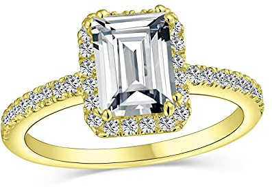 Zeitlos Klassisch Elegant 3CT Halo AAA CZ Art Deco Stil Klar Rechteck Smaragd Cut Verlobungsring Für Frauen Zirkonia Pflaster Dünn 1 MM Band .925 Sterling Silber 14k Gelbgold plattiert