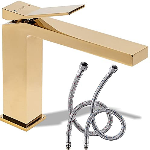 Rea DUET GOLD RUBINETTO LAVABO BASSO Miscelatore da bagno in ottone Rubinetto monocomando regolabile caldo e freddo (Oro)