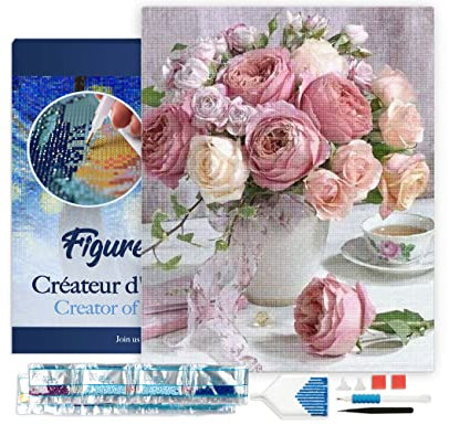 Figured'Art Diamond Painting Erwachsene 40x50cm Mit Rahmen Ganze Leinwand gespannt Rosenstrauß 5D Bilder Eckige Steine - DIY Set Basteln