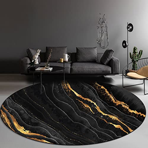 makeups58 Klassischer Orientteppich rund Ornamente Muster Teppich Kurzflorteppich Outdoor Teppich Luxus Abstrakt Schwarz Golden,ø 180CM