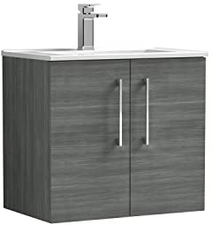 nuie ARN523B Arno Modern Bathroom Wall Hung 2 Door Vanity Unit with Minimalist Ceramic Basin, 600mm, Woodgrain Anthracite