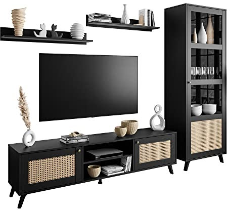 lukmebel Wohnwand – für Moderne, Boho-, Skandinavische Räume – Stabile Struktur – Schwarz + Thonet Wiener Rohrgeflecht – Metallknöpfe – Schräge Kunststoffbeine