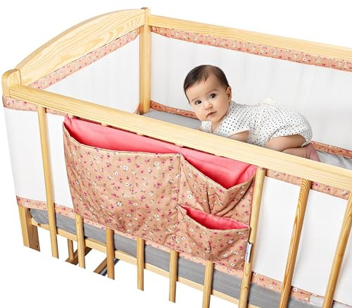Tour de Lit Bébé Fille avec Pochette de Rangement - Contour de Lit Bébé 60x120 et 70x140 cm à Lattes 3 à 4 Côtés - Tour de Lit Respirant Conforme à la Norme de Sécurité NF EN 16780 - Rose Floral