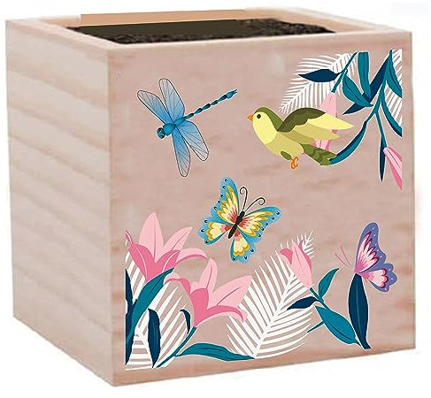 CREATCABIN Macetas Pequeñas En Forma de Cubo, Macetas de Madera, Libélulas, Mariposas, Pájaros, Soporte para Plantas de Madera Rústica, Macetero Cuadrado, Macetas de Cactus Suculentas 7.5x7.5cm