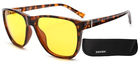 ZAVISH Anti Glare Night Driving Glasses Polarised TAC Lenses Men Women Yellow Tinted Night Vision UV400 Square Sunglasses Lens Demi Tortoise Brown Lightweight Frame & Case