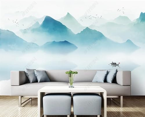 Fototapete 3D Effekt 3D Tapete Blaue Tuschemalerei Im Chinesischen Stil Mit Wolken, Nebel, Bergen Und Wasservögeln Fototapete Wandgemälde Vlies Wohnzimmer Wanddekoration 250(w) x175(H) cm