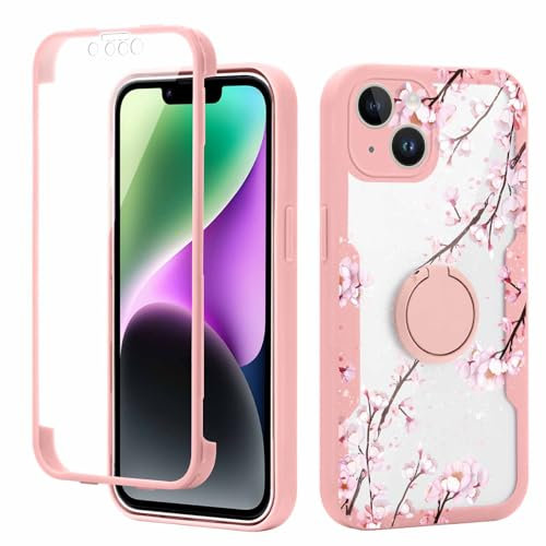 Yoedge Kickstand Phone Case for iPhone 14 Plus 6,7, 360°Rotatable Magnetic Ring Holder Cases, Full Body Shockproof Silicone TPU Back Cover with Built-in Screen Protector Case, Flower