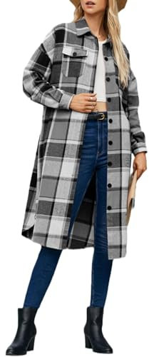 Shoyunt Veste de Chemise à Carreaux pour Femmes, Hauts de Veste de Chemise à Manches Longues imprimés à Carreaux, Trench-Coat en Laine à Carreaux pour Femmes (Gray,M)