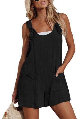 CUPSHE Women's Jumpsuit Pinafore Short Dungarees Scoop Neck Sleeveless Overall Casual Straight Leg Outfit Romper Playsuit with Pockets Black M