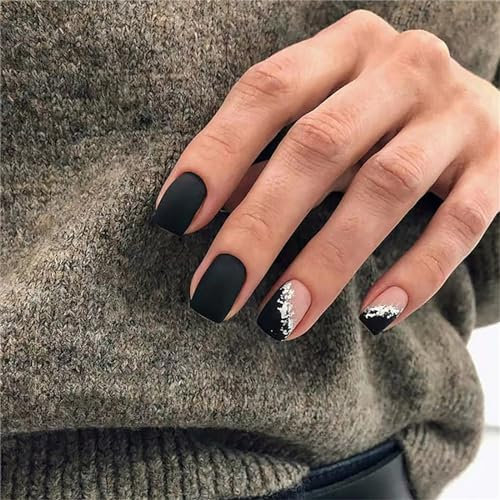 CRAZYNEKOS Square Short Fake Nail Matte Black Stylish Press on Nails French Tips for Nail Art Decoration Women and Girls Manicure 24pcs