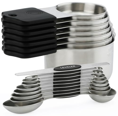 Magnetische Messbecher und Löffel, Set mit 16 Stück, inklusive 7 stapelbaren Edelstahl-Messbecher, 9 magnetische Messlöffel für trockene und flüssige Zutaten