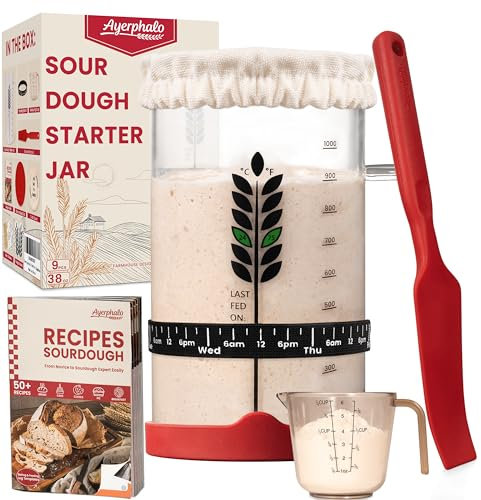 Sauerteig-Starter-Set, 1077 ml, mit Kochbuch, Messbecher, Spatel, breite Öffnung, Thermometer, Datumsmarkierung, Futterband, Sauerteig-Starterglas für Bäcker, Sauerteigbrot Backzubehör
