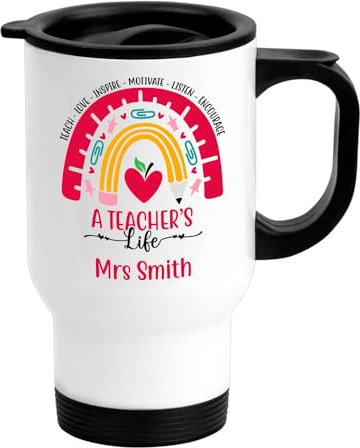 EnvyFone Personalised Travel Mug - Teacher Life - Stainless Steel 14oz - Tea Coffee Cup - Thermal-Lined - Thank You - Teacher Gifts - for Women - Gifts for Teacher from Students - Collage - School