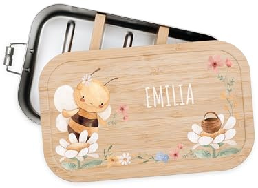 Bärenfreunde Brotdose Weißblech Kinder personalisiert, Vesperdose, Biene | Süße Kindergarten Lunchbox mit Bambusdeckel oder Namen für Kleinkinder, mit Fächern bedruckt als Geschenk, Holz