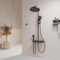 EMKE Columna de Ducha Termostática,Negro Mate,4 en 1: Cabezal de Ducha, Ducha para Niños, Grifo en Cascada. Filtración, Preajuste, Pantalla Digital. Diseño Moderno para el Baño