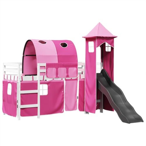vidaXL Kinderhochbett mit Turm, Hochbett mit Rausfallschutz, Kinderbett mit Leiter Rutsche, Spielbett Etagenbett, Rosa 80x200cm Massivholz Kiefer